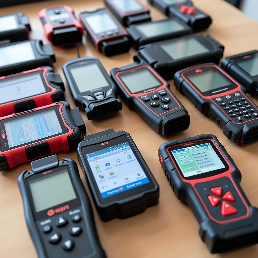 Various OBDII multilingual scan tools displayed on a table