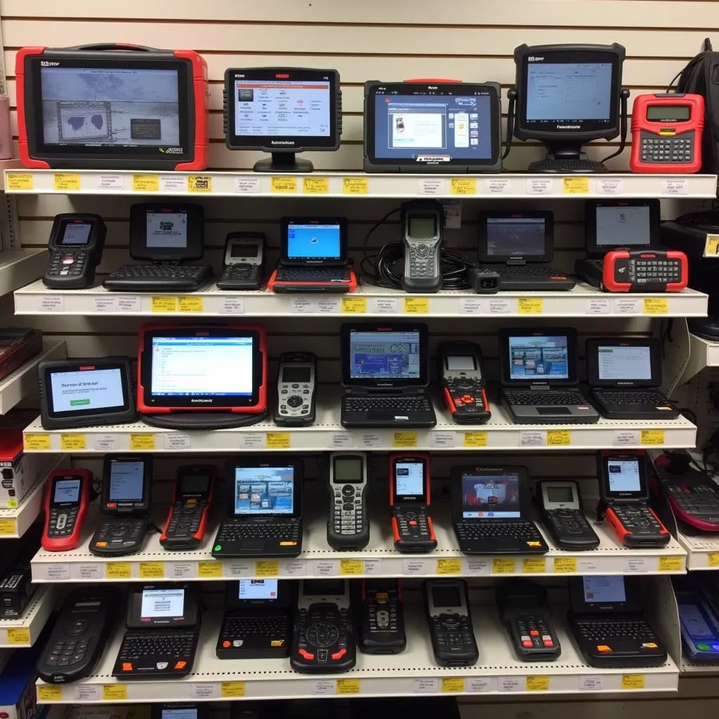 Various OTC scan tools on display in an auto parts store