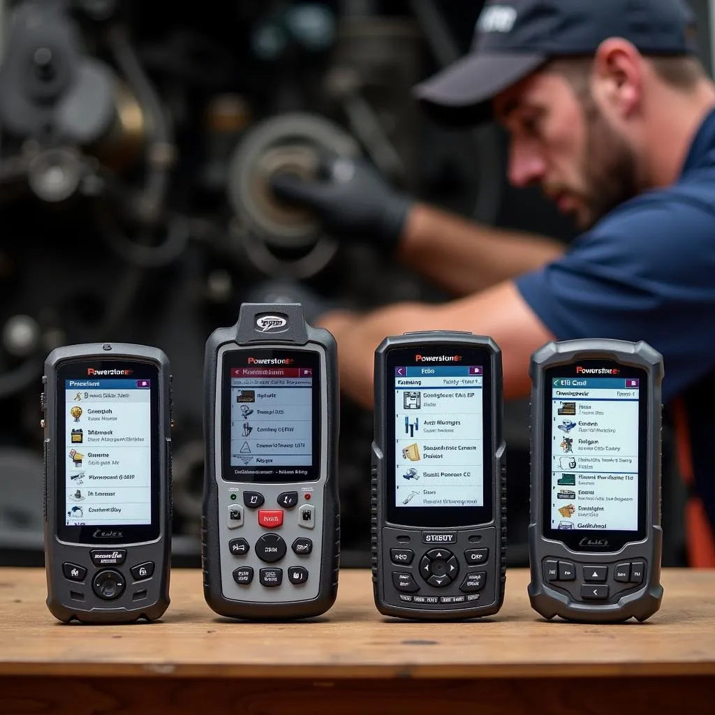 A variety of Powerstroke diesel scan tools displayed on a workbench