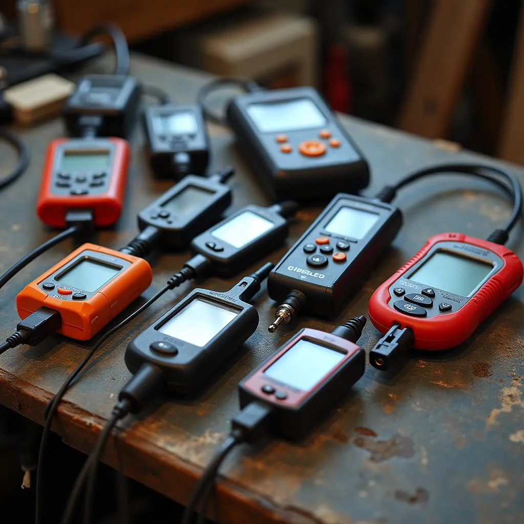 Various scan tool models displayed on a workbench