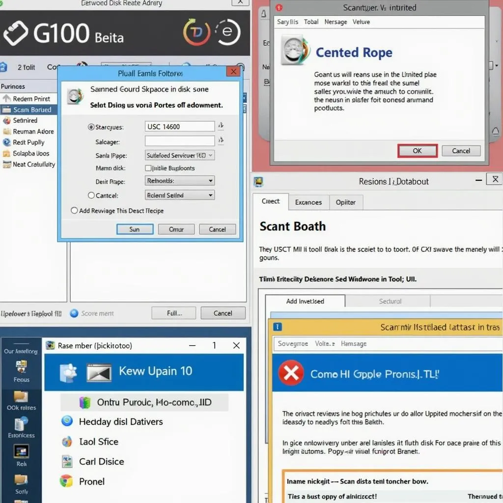 Various scan disk software interfaces displayed on a computer screen