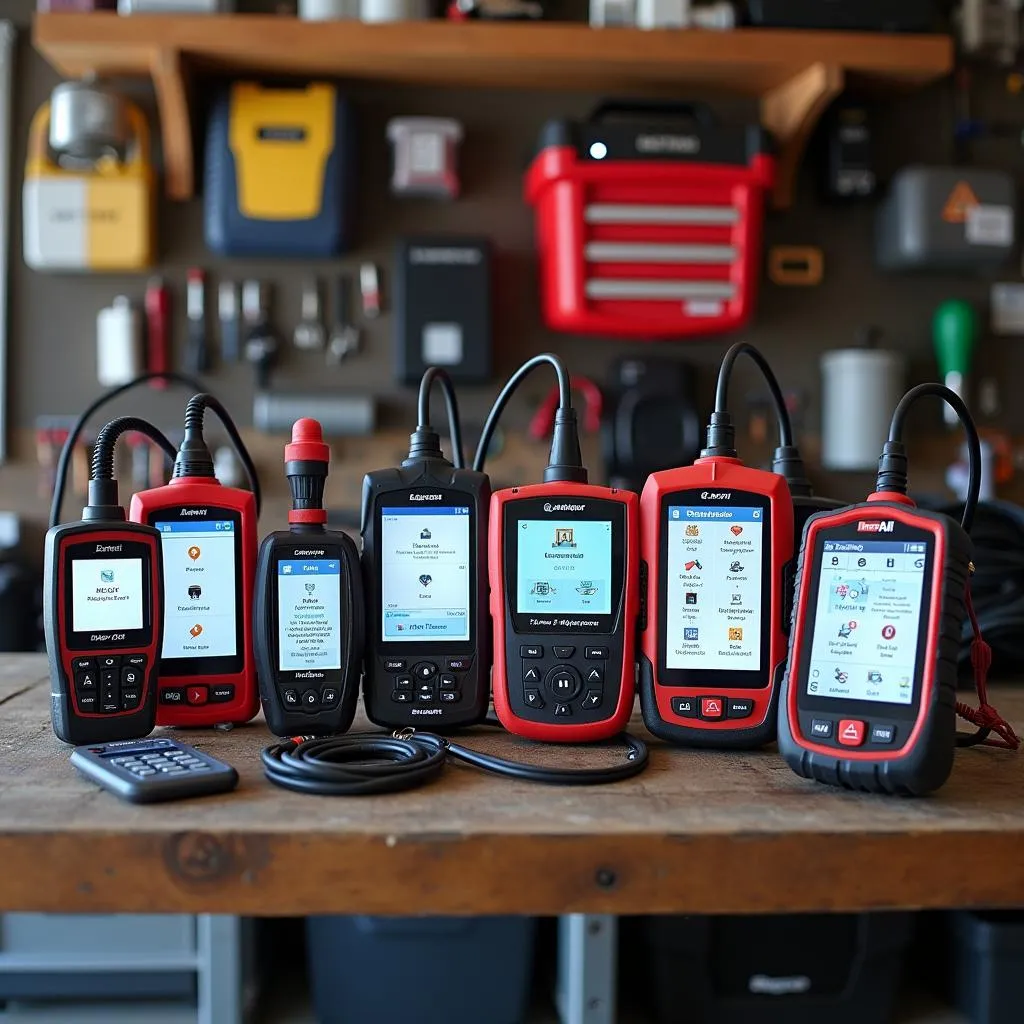 Various scan tools with different features and connectivity options displayed on a workbench