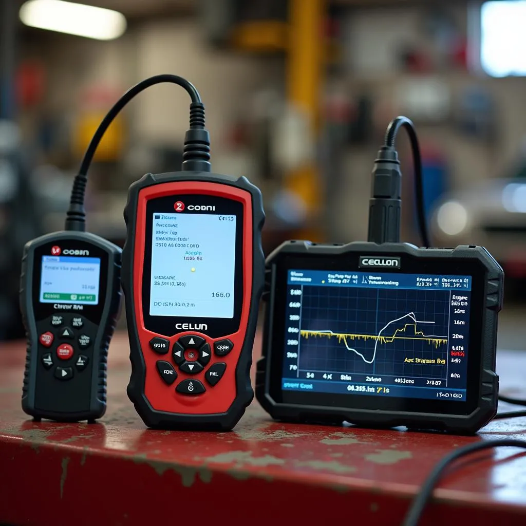 A variety of OBDII scan tools, ranging from basic code readers to advanced professional models.