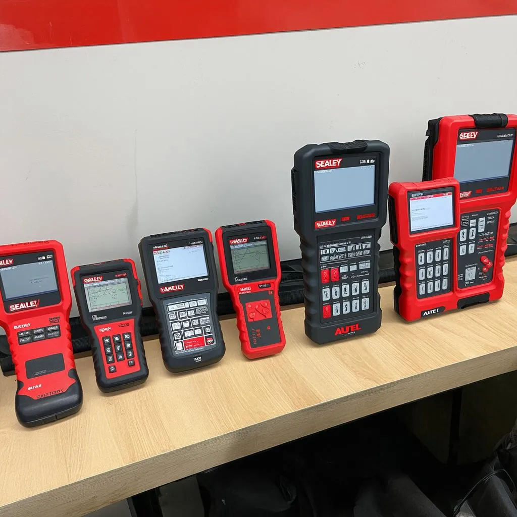 various sealey autel code reader models displayed on a workbench