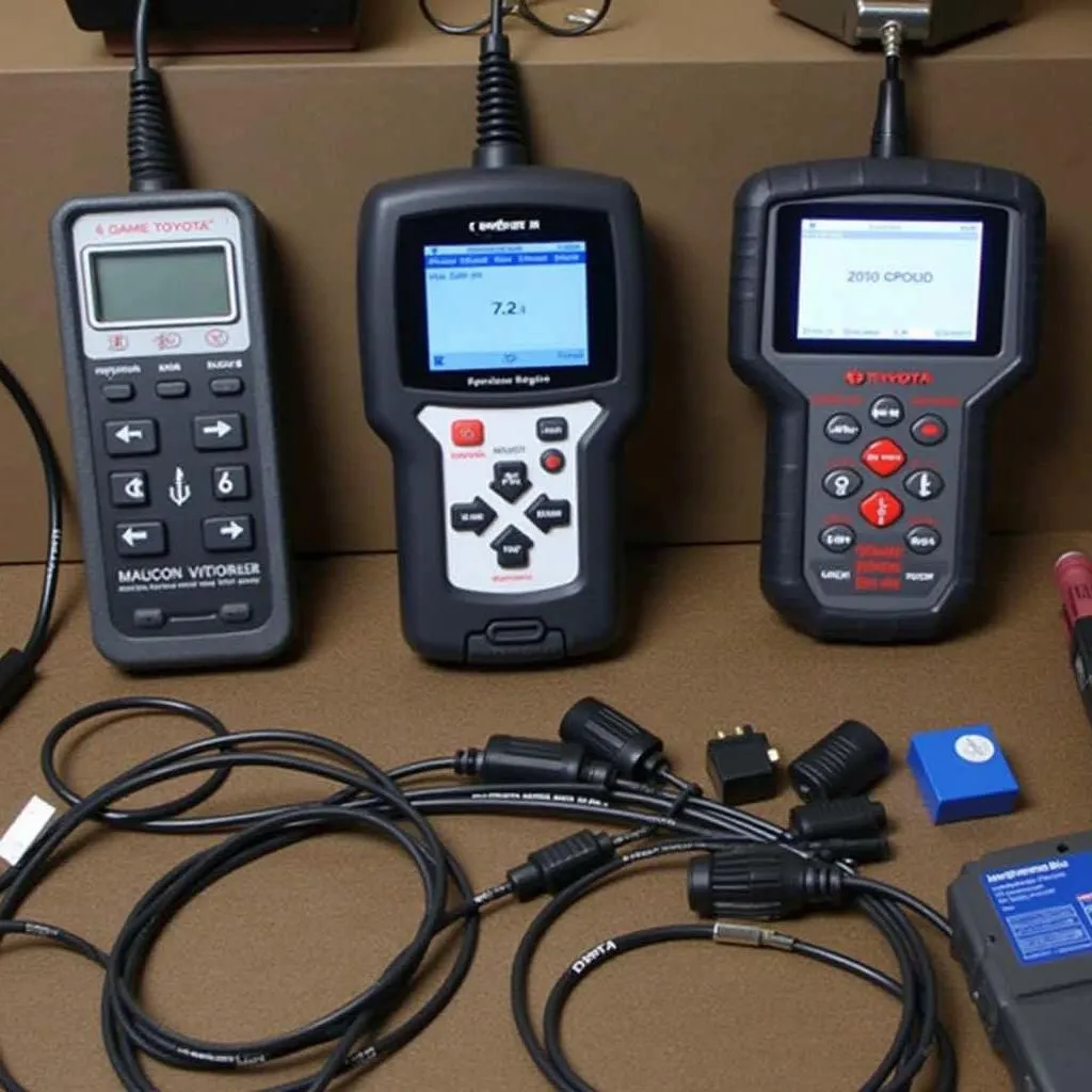 Various brake scan tools displayed on a workbench