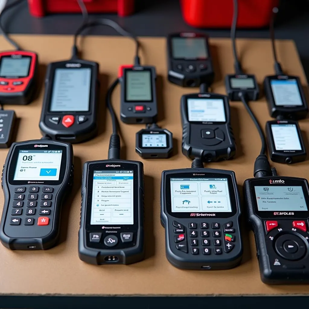 Various universal TPMS scan tools on display with different features and designs