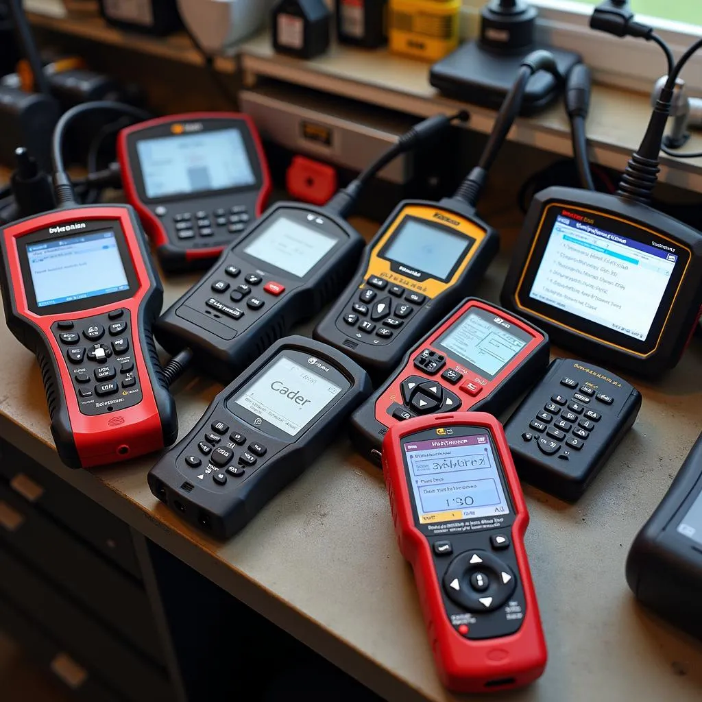 A variety of scan tools for Volkswagen vehicles are displayed on a workbench.