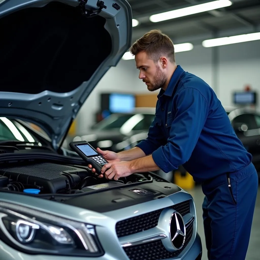 Mechanic using a Digimoto scan tool to diagnose a car problem