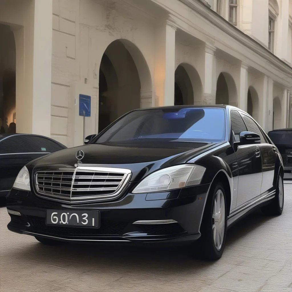 A diplomatic car, likely a Mercedes-Benz S-Class, is parked in front of a luxury hotel in Geneva