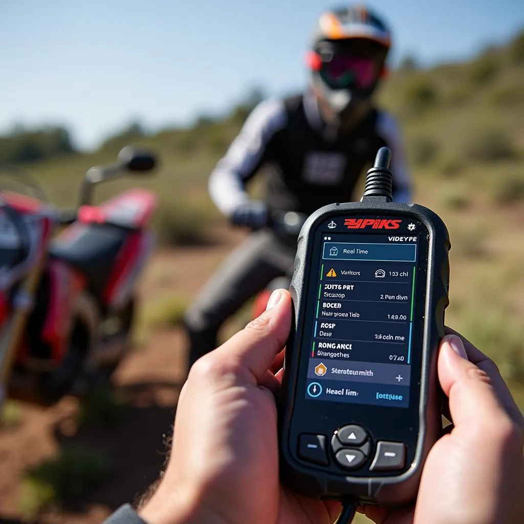 Dirt bike scan tool plugged into a motorcycle