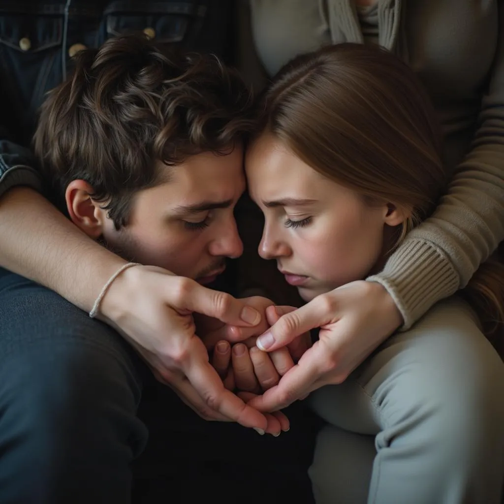 Couple holding hands, looking sad