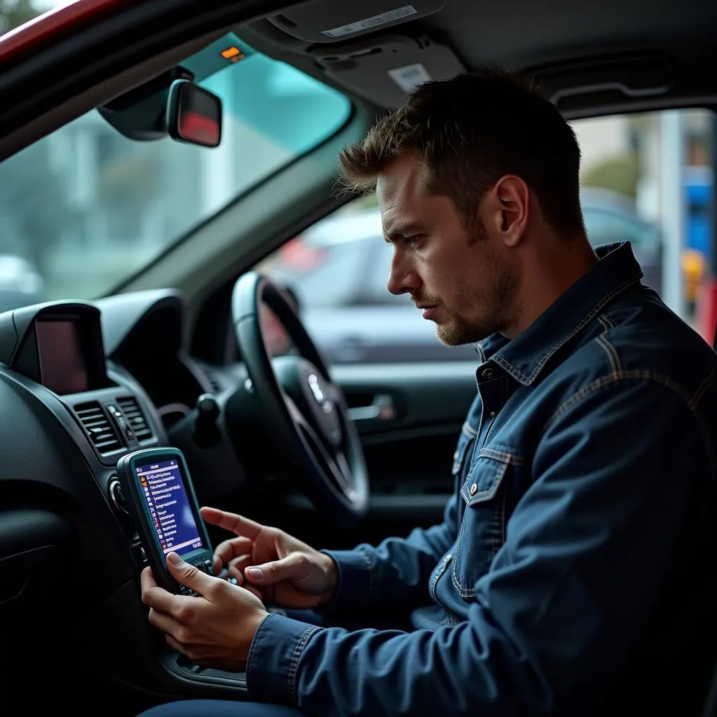  DIY enthusiast using scan tool to diagnose a car problem