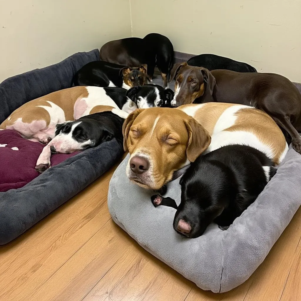 Tired dogs napping at day care