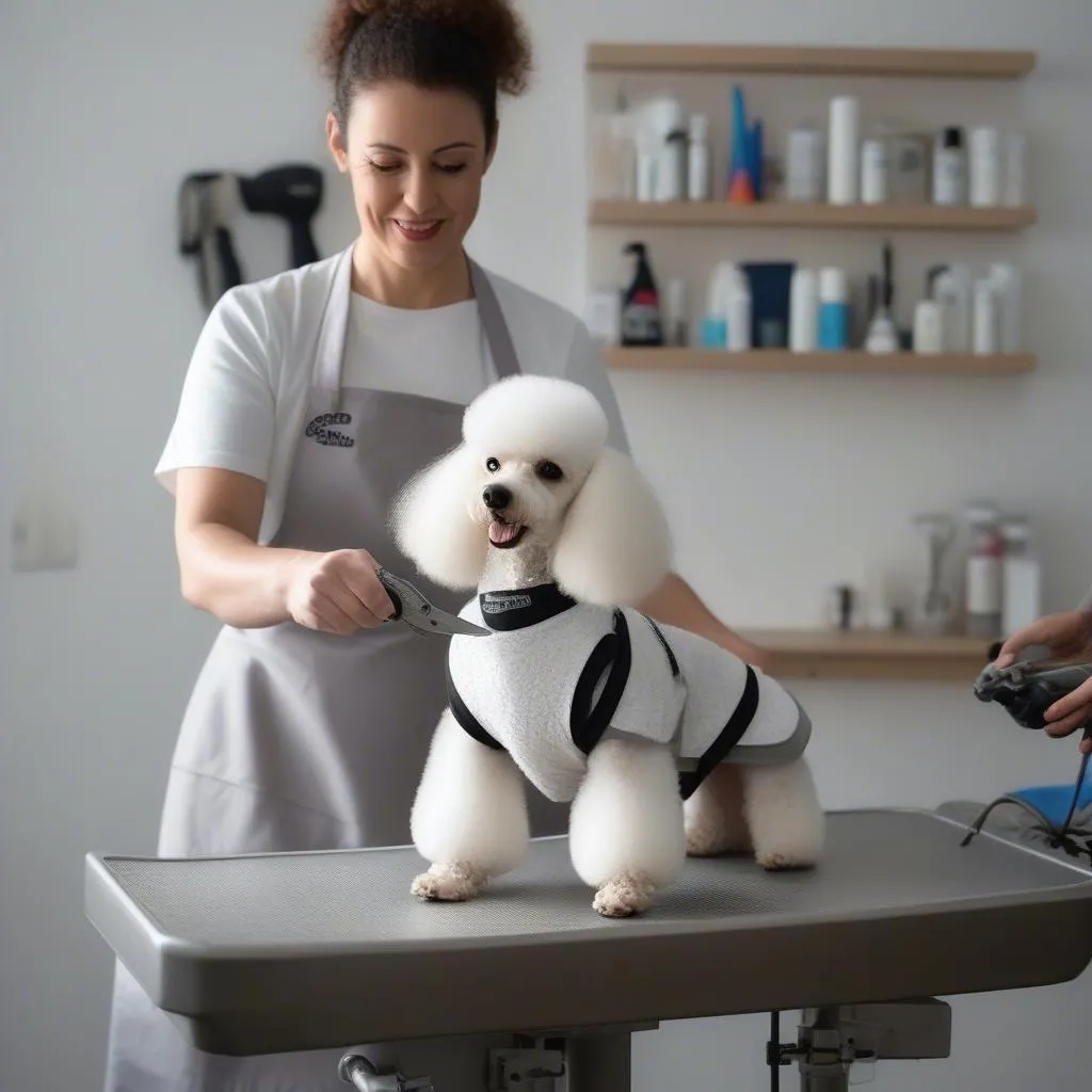 Dog Groomer Giving a Poodle a Haircut