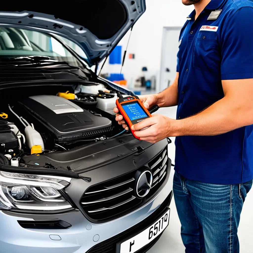 A technician using a diagnostic tool