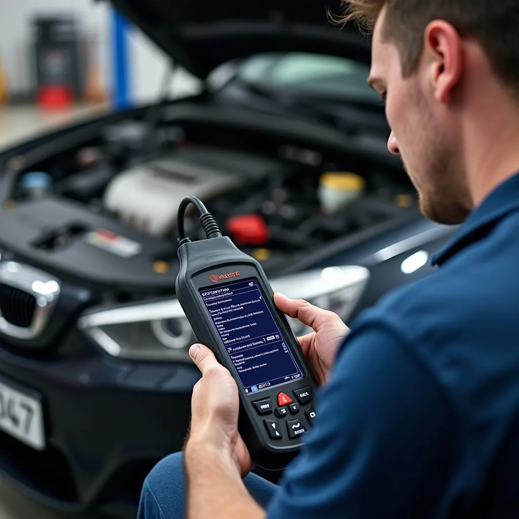 Mechanic using a Dr Web scan tool to diagnose a car engine.