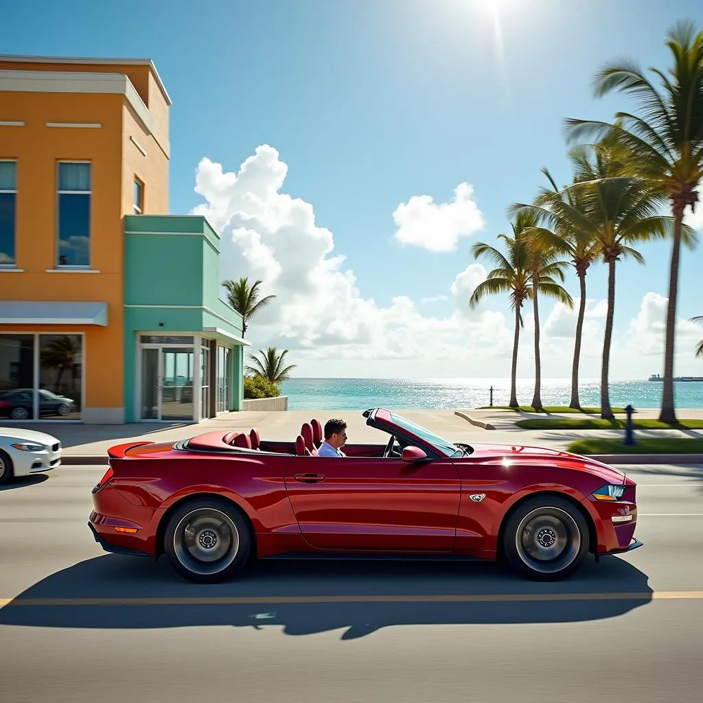 A convertible rental car driving along Ocean Drive in Fort Lauderdale.