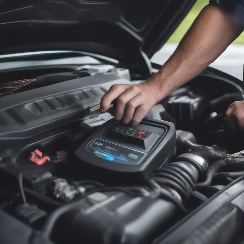 Mechanic Using a Dynamic Scan Tool on a Car's Engine