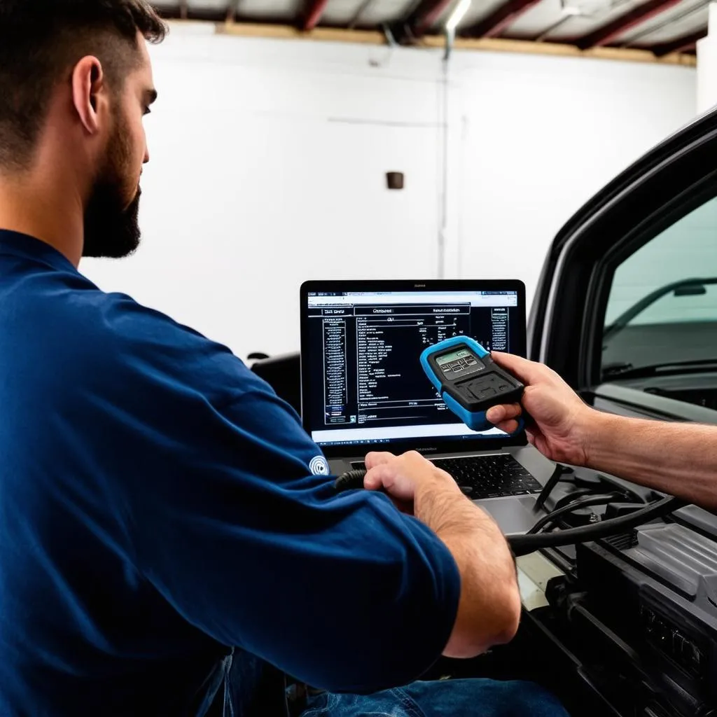 Mechanic using a domestic pc scan tool on a car