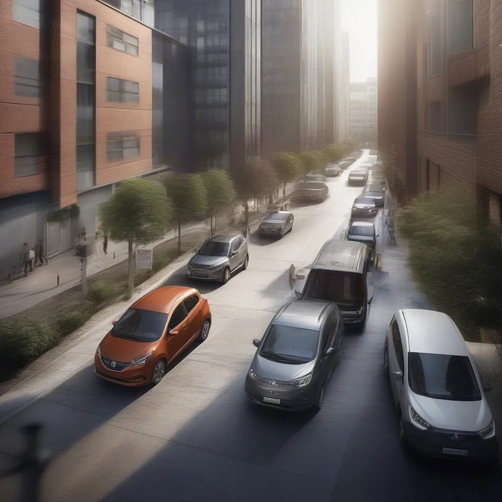 A compact economy car easily navigating through crowded city streets and parallel parking in a tight space