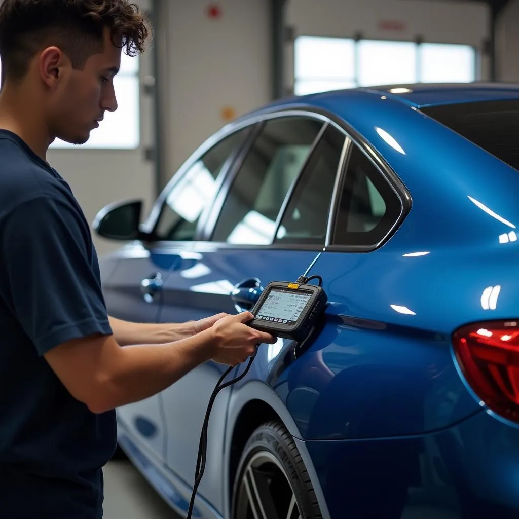 Mechanic using an ECS Tuning scan tool on a BMW