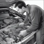 Mechanic using a reprogramming tool to diagnose and update an ECU