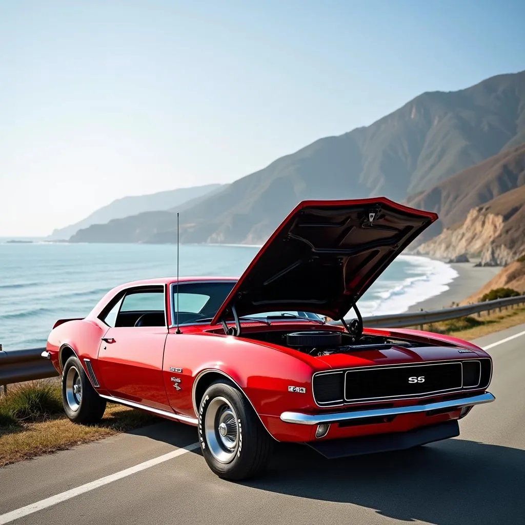 Car with electrical failure parked on the Pacific Coast Highway