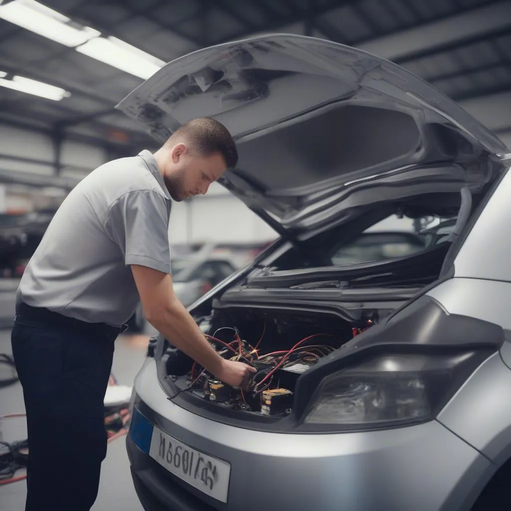 A technician inspecting the electrical system of a European car