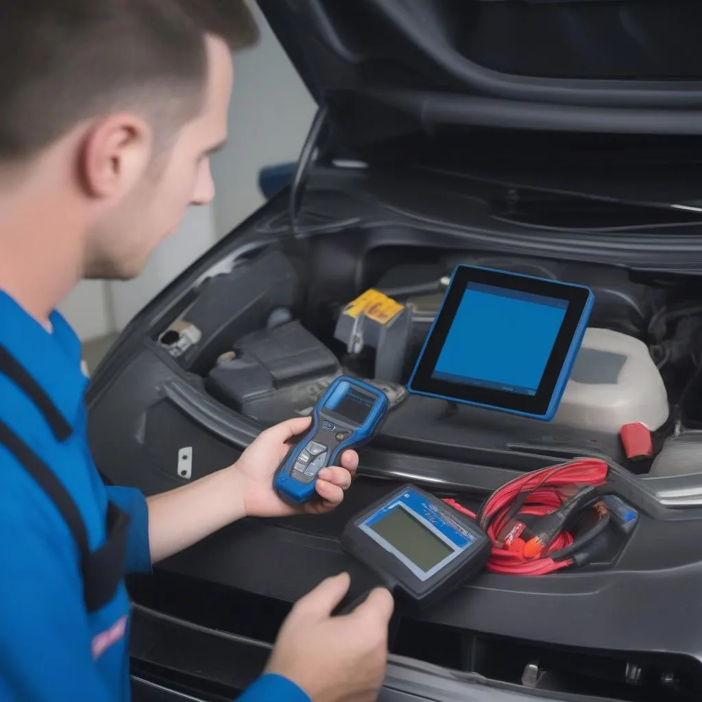 Mechanic using an electronic diagnostic tool to diagnose a car problem