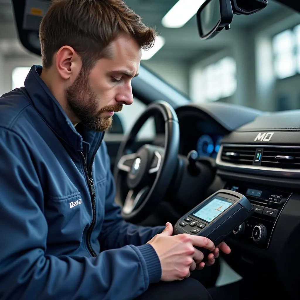 Elite auto care technician diagnosing car with advanced scanner