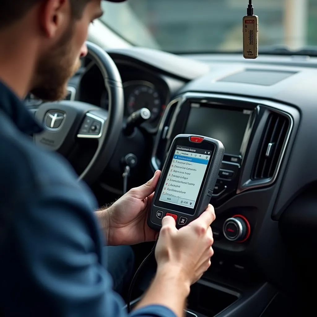 Mechanic using an emissions scan tool on a car