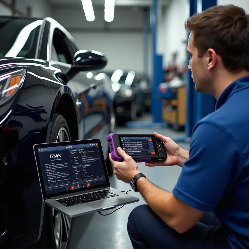 Mechanic using an Energize GM ABS scan tool on a car in a garage