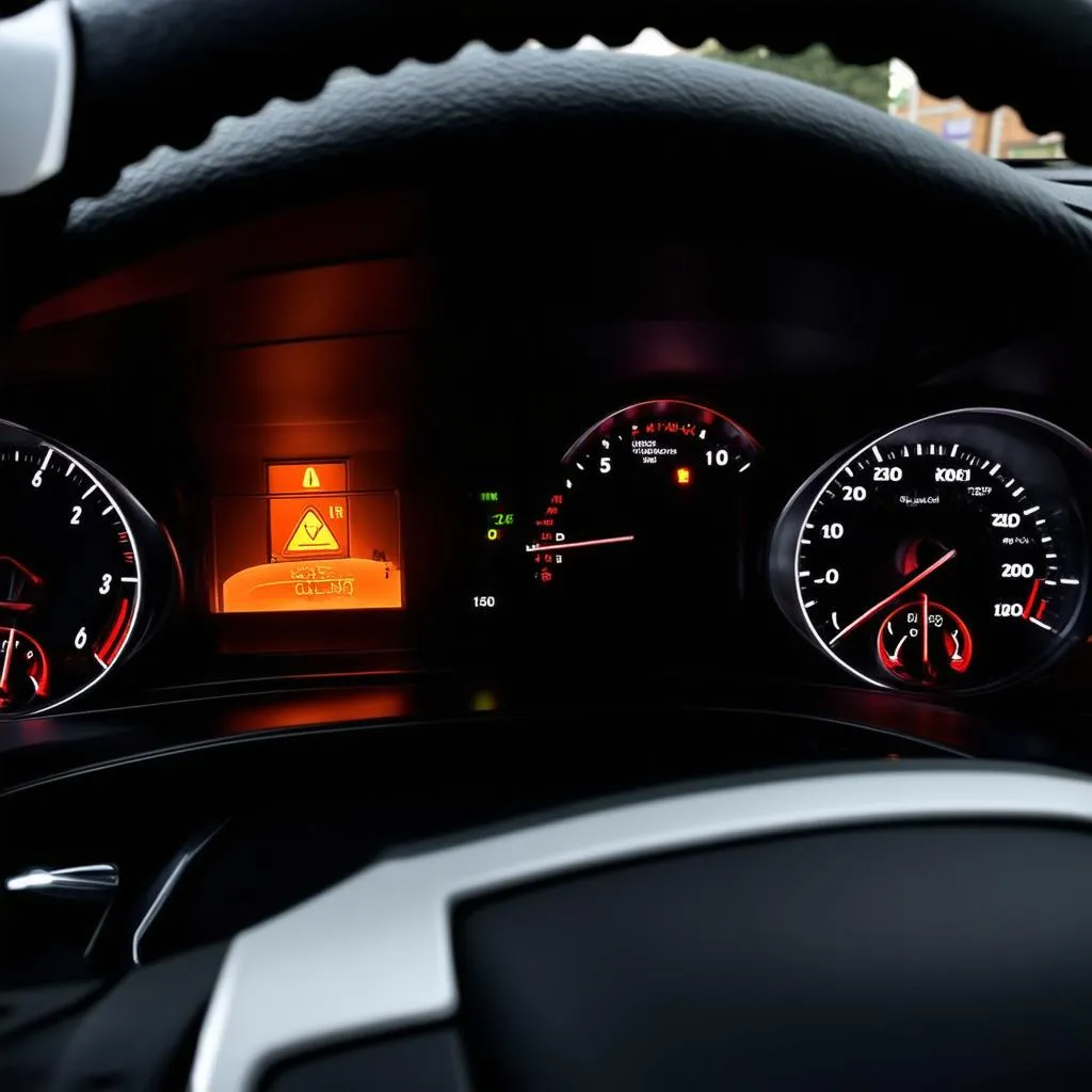 Car Dashboard with Illuminated Engine Light