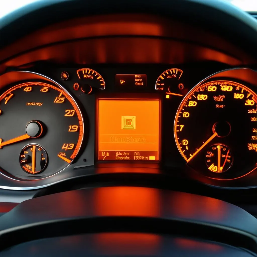 Car dashboard with check engine light on