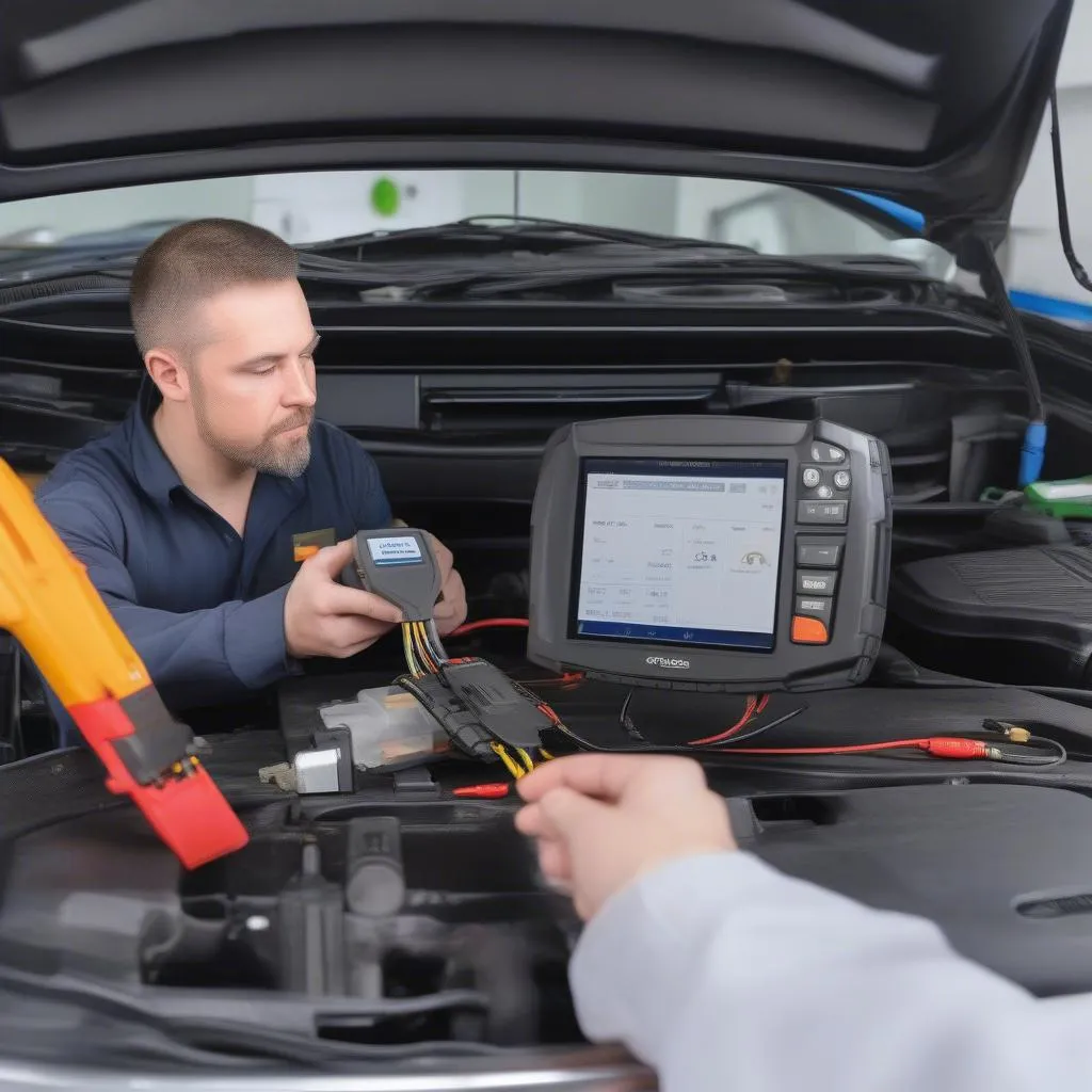 Mechanic using environmental scanning tool to diagnose European car