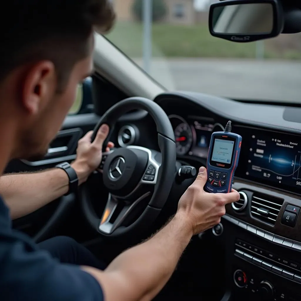 Mechanic using Equus 3100 scan tool on a European car