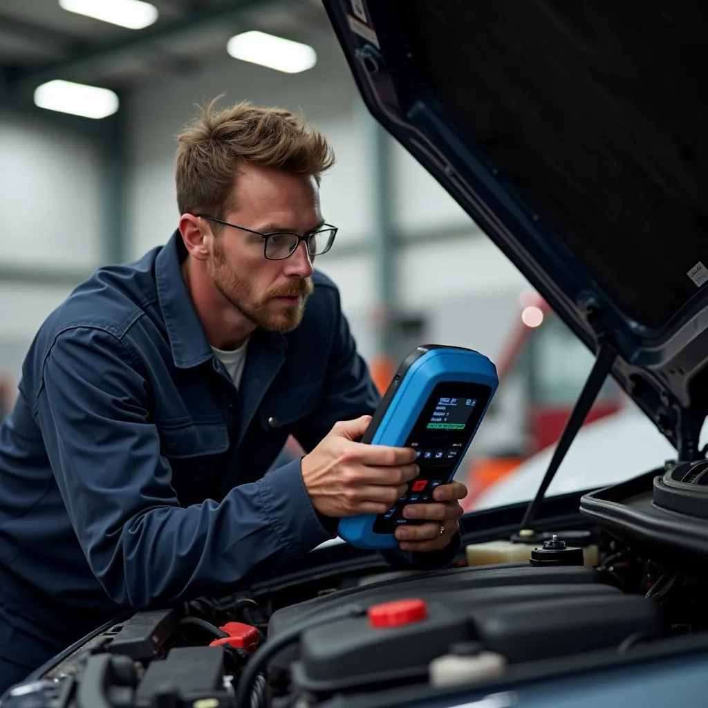 Mechanic using a scan tool on a car