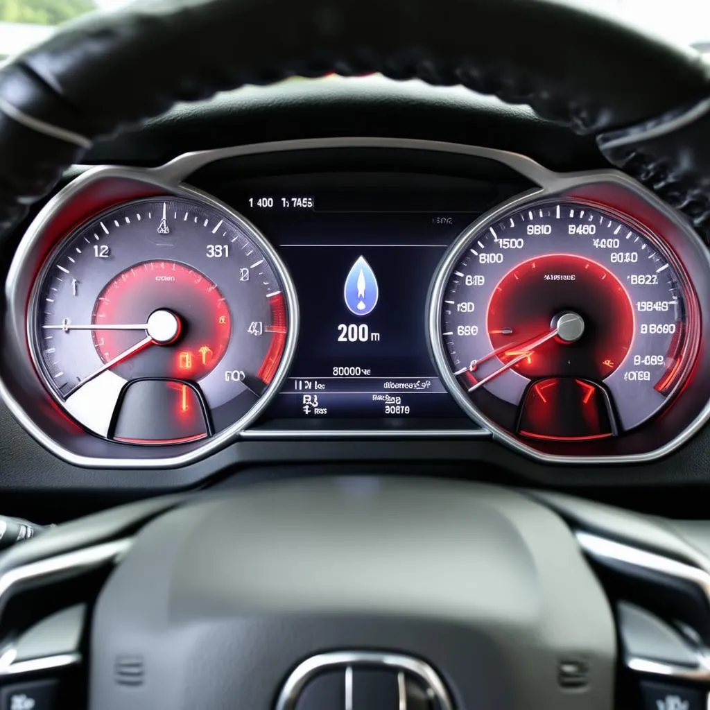 European car dashboard with warning lights