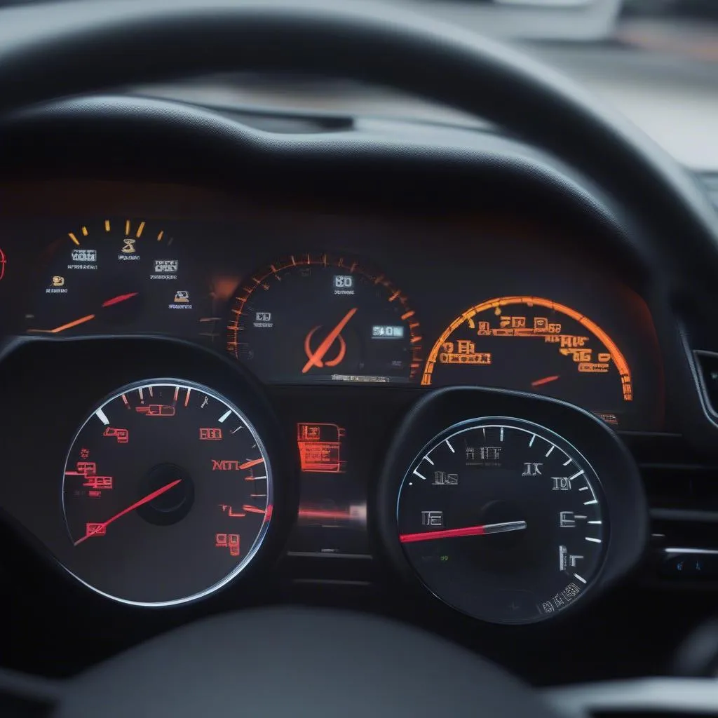 Close-up of a European car dashboard with warning lights