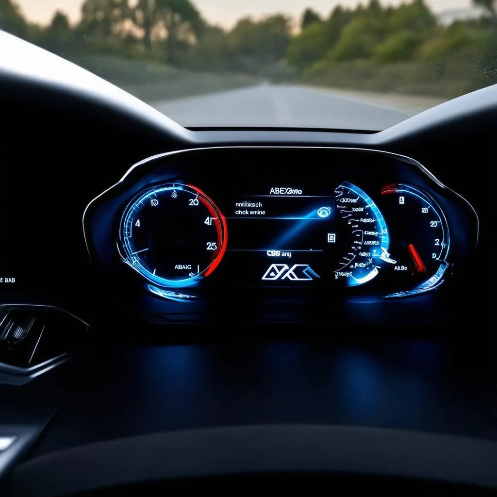 Dashboard of a European car with warning lights on