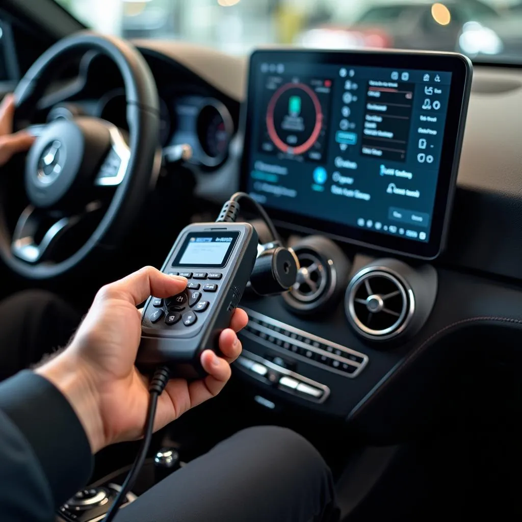 Technician using dealer-level scanner on a Mercedes-Benz