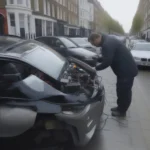 Mechanic using a Toad scanning tool to diagnose a BMW on a London street