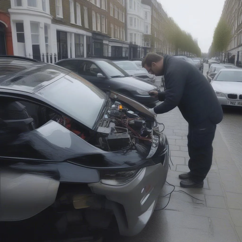 Mechanic using a Toad scanning tool to diagnose a BMW on a London street