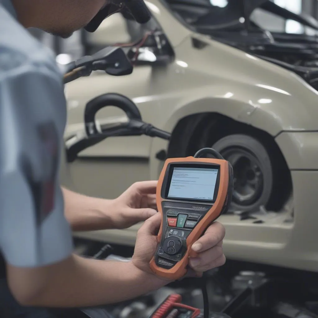 A mechanic using a diagnostic tool to analyze a BMW or Mercedes