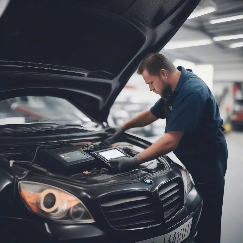 A mechanic using a code reader on a European car