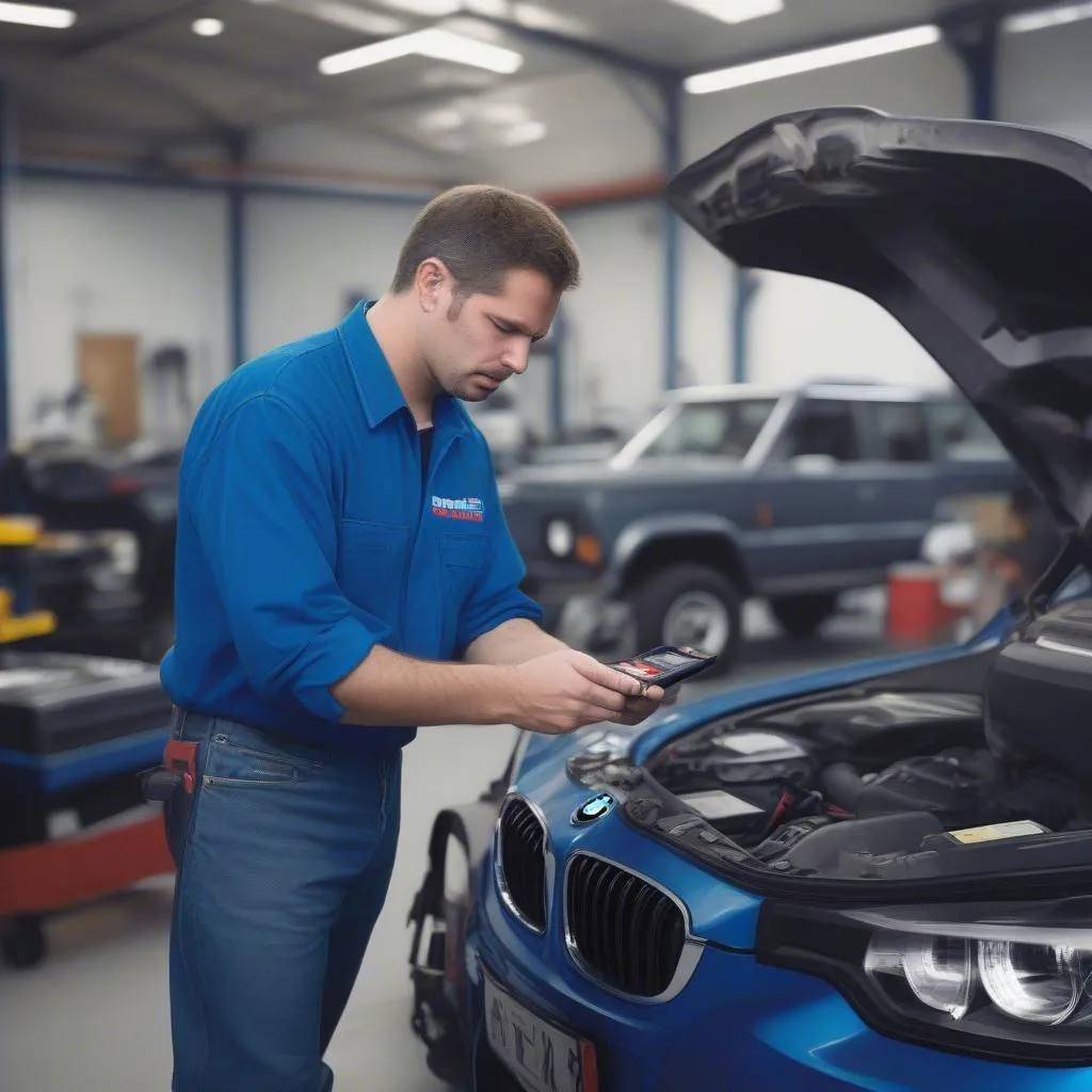 A mechanic using the Mac Tools Task Mobile Cellular Scan Tool to diagnose a BMW