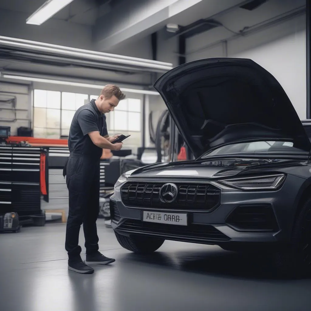 A mechanic using a specialized OBD2 scanner on a European car