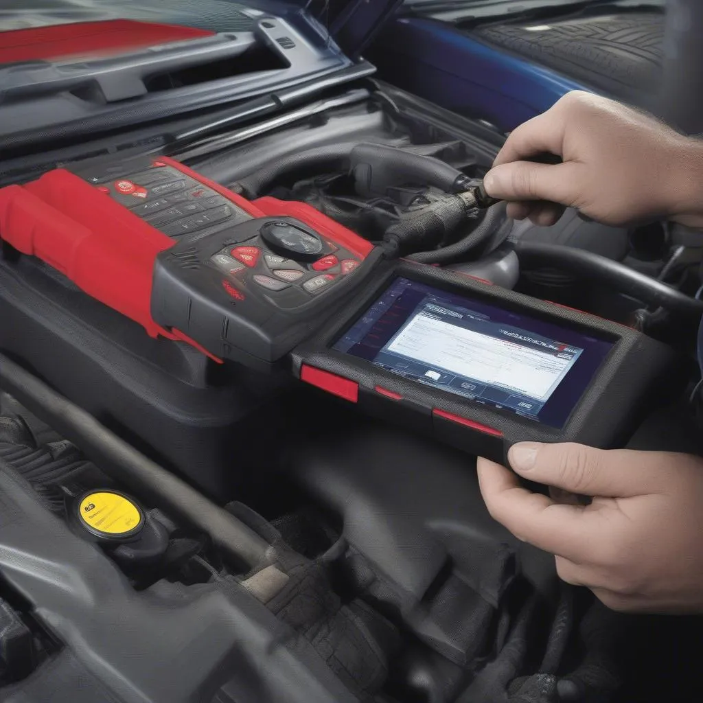 Mechanic using Matco Scan Tool Maximus to diagnose a European car