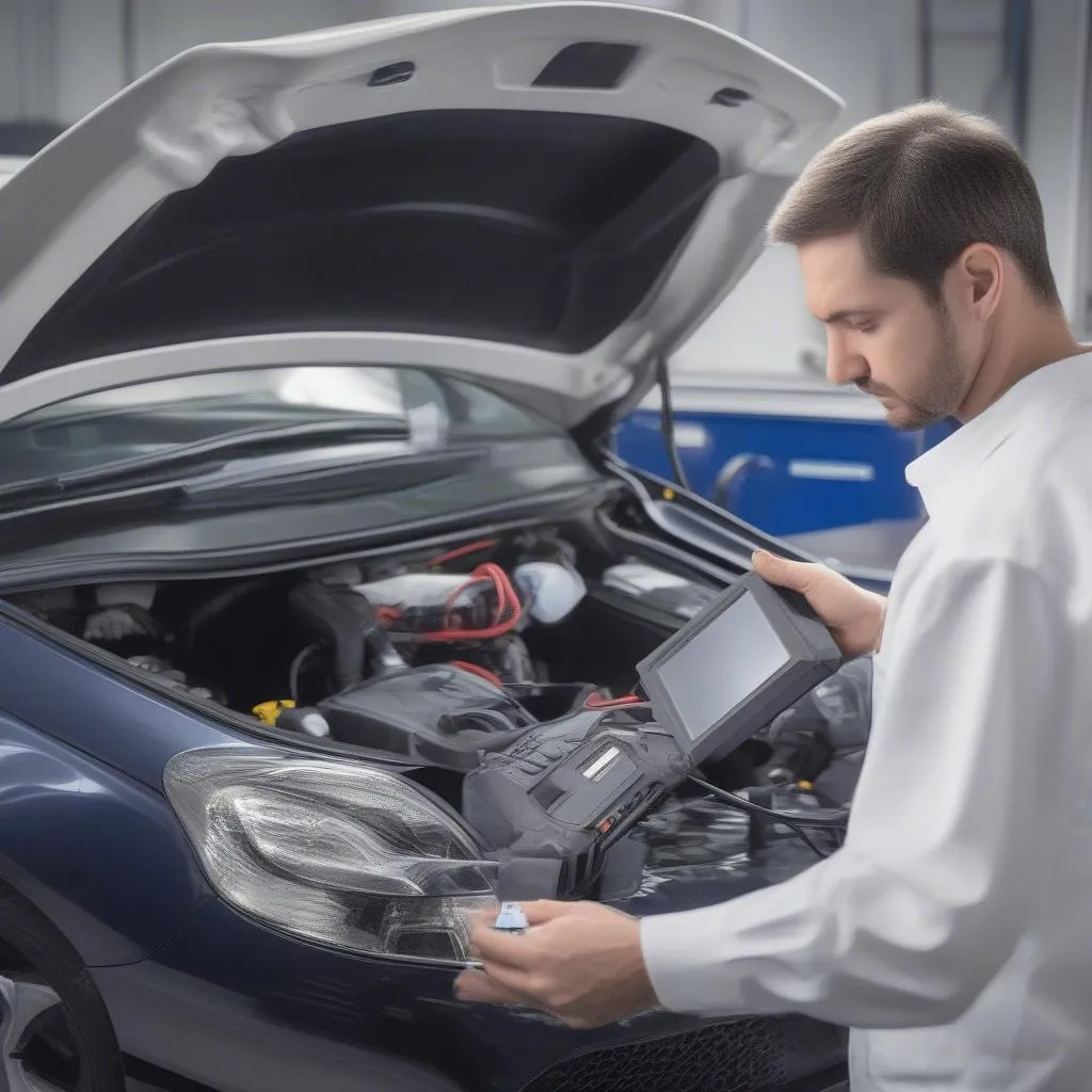 European car diagnostics - a technician using a dealer scanner