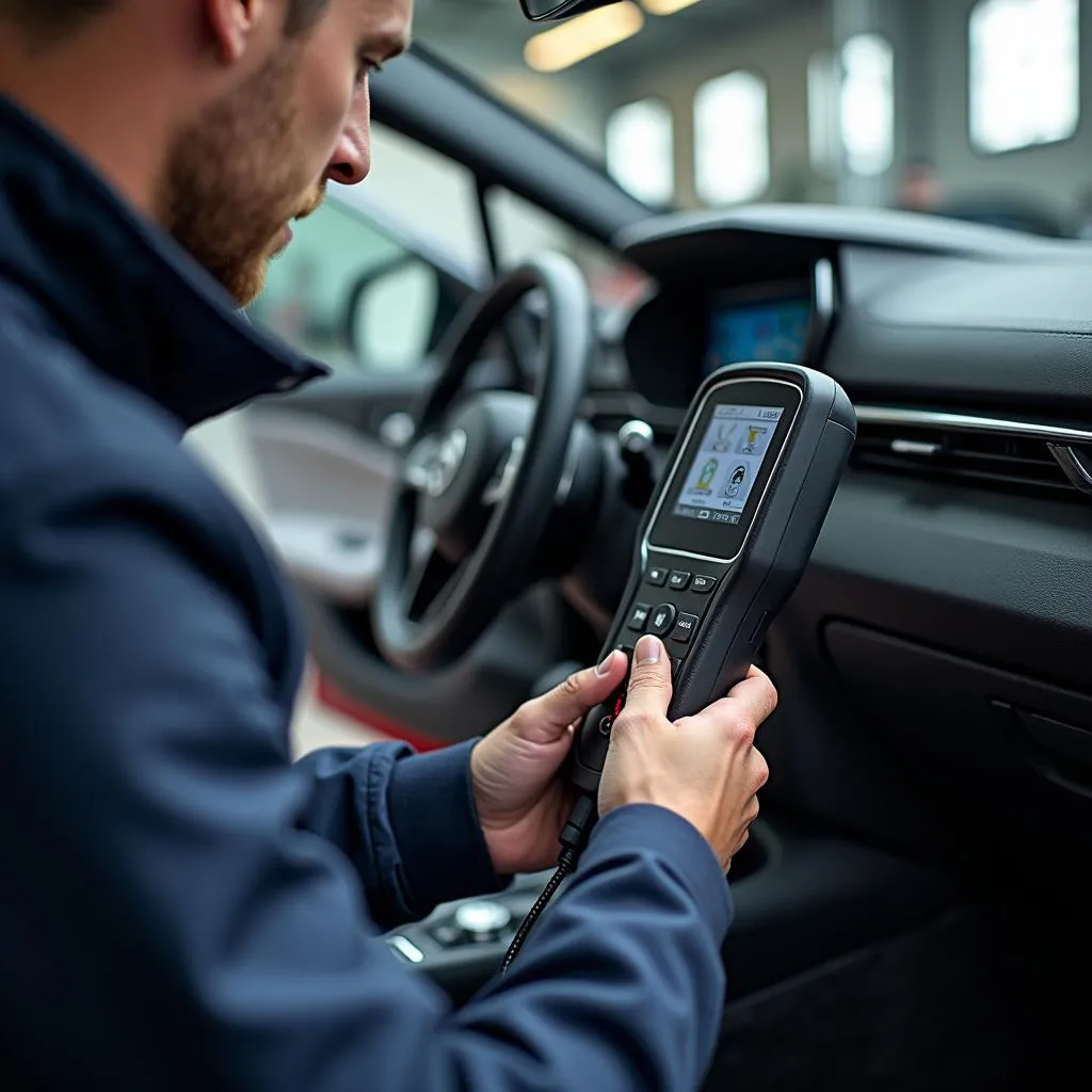 Mechanic using a scan tool on a European car engine